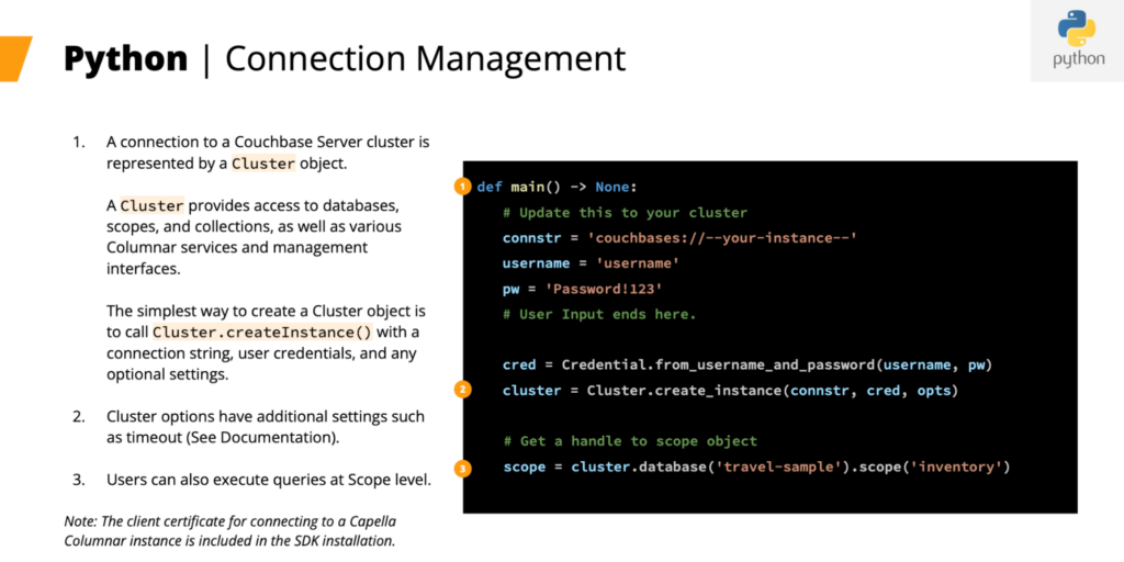 Connection management code example in Python
