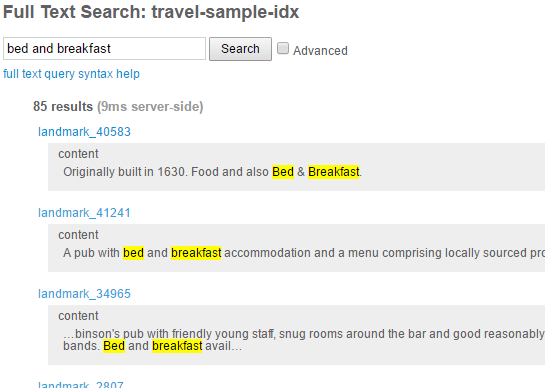 Full Text Search results in Couchbase Console