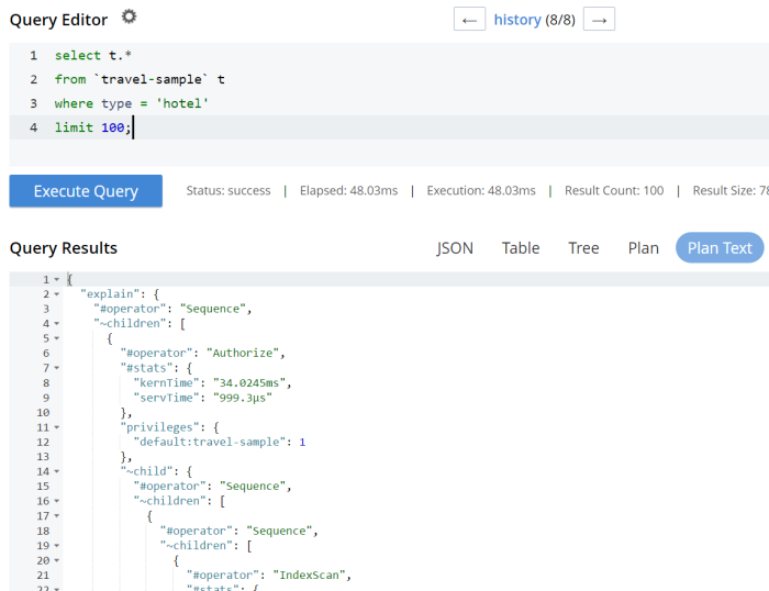 Couchbase Query Workbench Plan and Plan Text